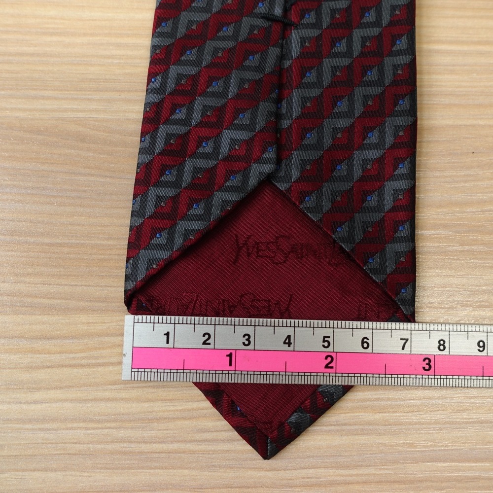 Yves Saint Laurent Tie Mens Burgundy Red Gray Chevron Stripe Skinny Luxury YSL - Picture 5 of 12